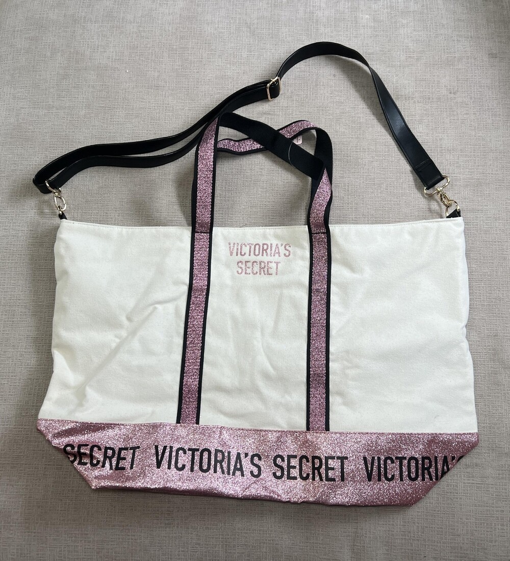 Victoria's Secret Tote Bag Womens Extra Large White Pink Glitter Logo Crossbody